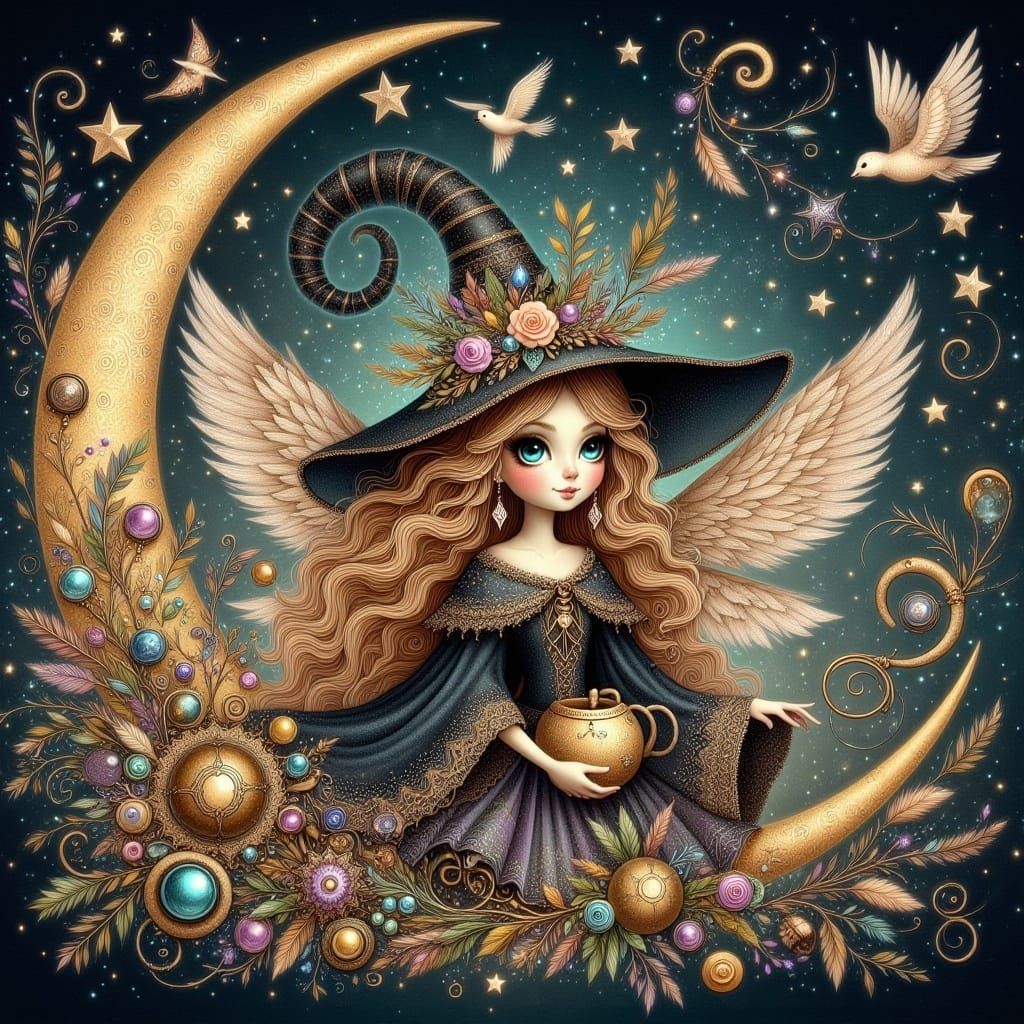 <lora:Whimsical Witches:1.0> whimsical witch blonde ponytail fairy wings a beautiful cat in gold sapphire a gold filigree crescent moon Amy...