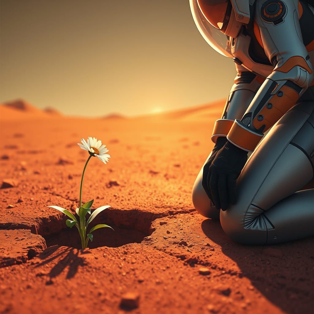 Surreal Martian Scene with White Daisy and Space Suit