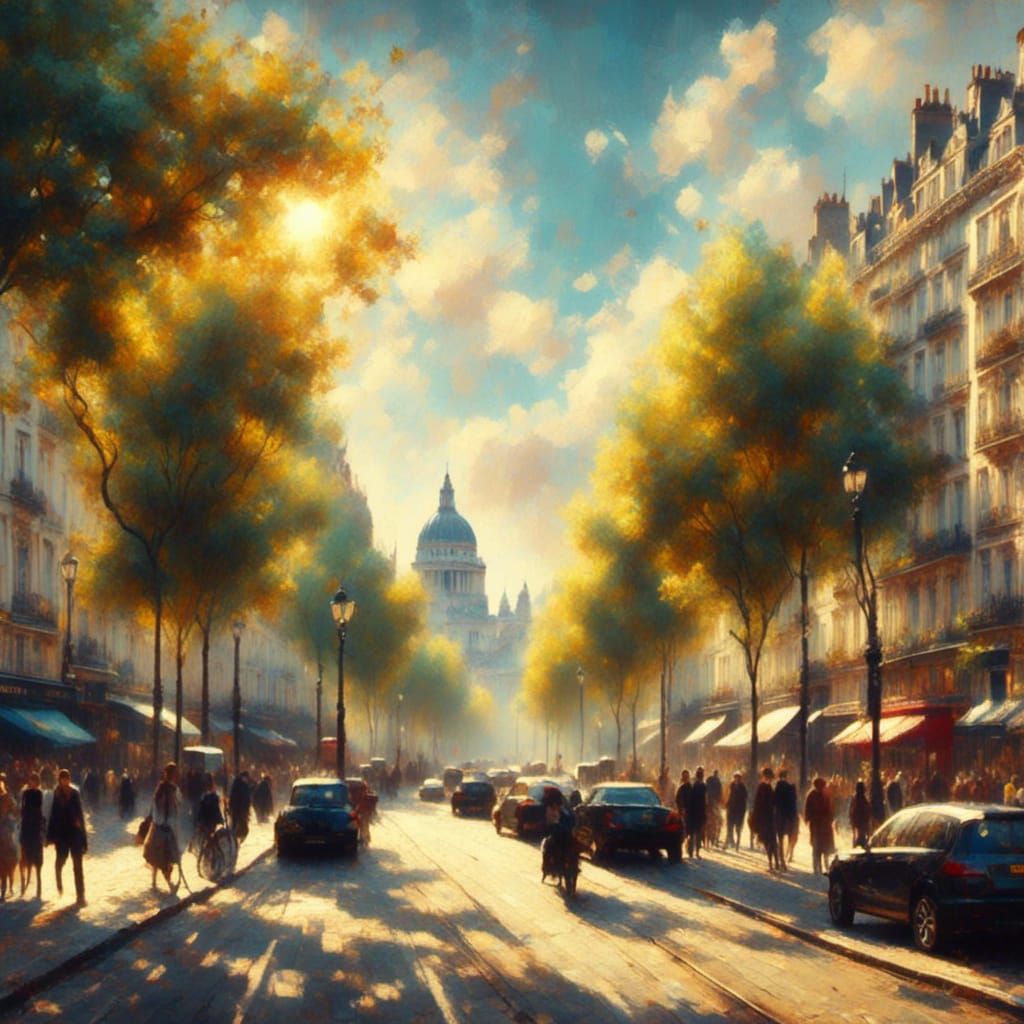 <lora:RomanticismOilXL:1.2> London sunny day view from the street 