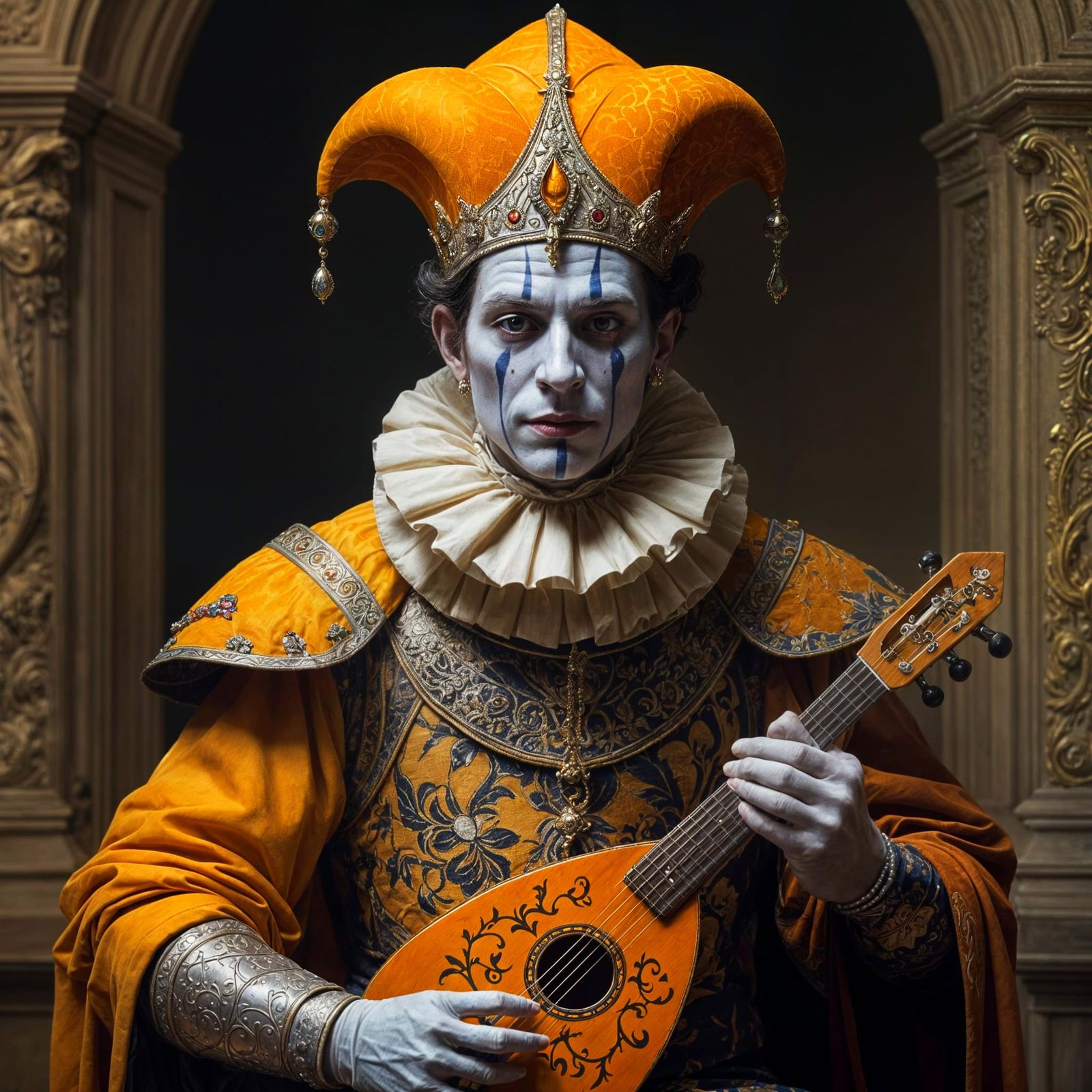 A regally dressed court jester, adorned in a intricately patterned motley with a vibrant orange and yellow ...  by @Dantonio