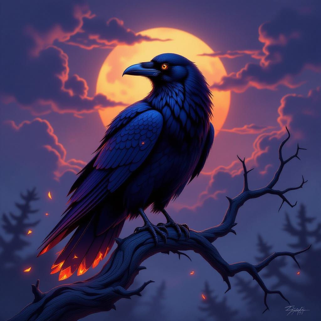 Ethereal Raven on Obsidian Branch in Dark Fantasy Style
