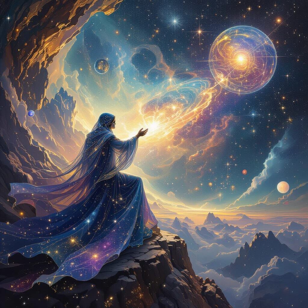 A celestial cartographer meticulously maps constellations on a vast, cosmic canvas. They are depicted as a being of pure starlight, with flo...