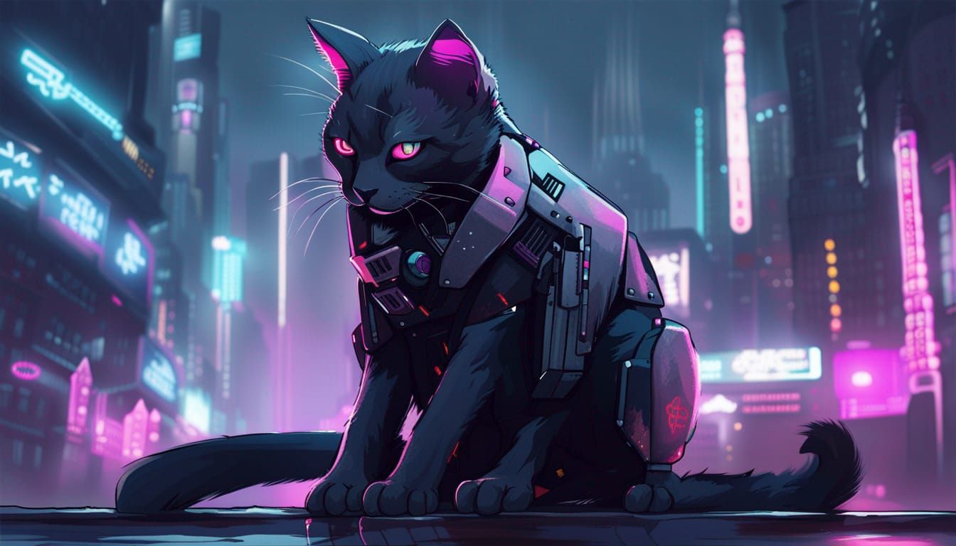 cat in the cyberpunk city
