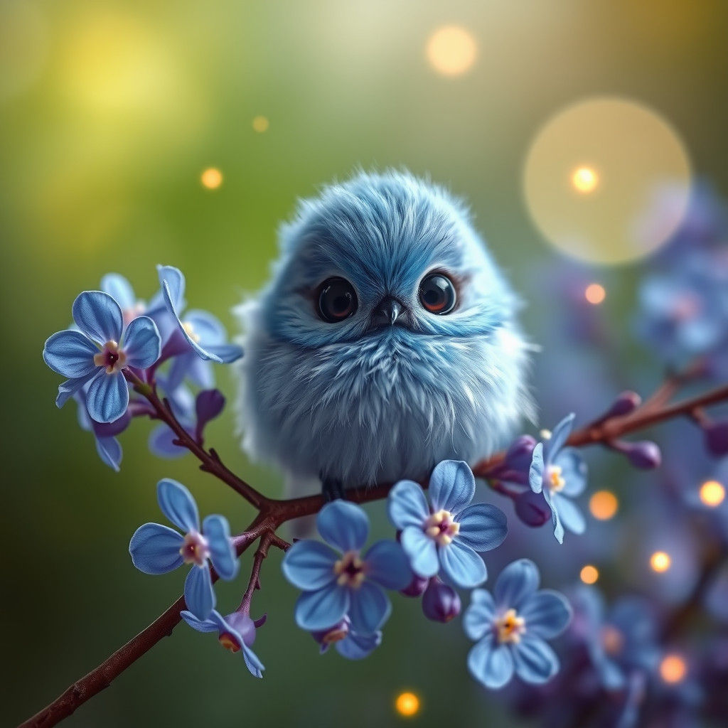 A cute, fluffy blue bird with large, expressive eyes perched...