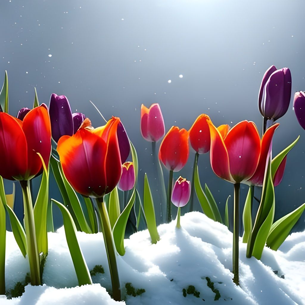 tulips in the snow; Hyperrealistic, splash art, concept art, mid shot, intricately detailed, color depth, ...  by @undefined