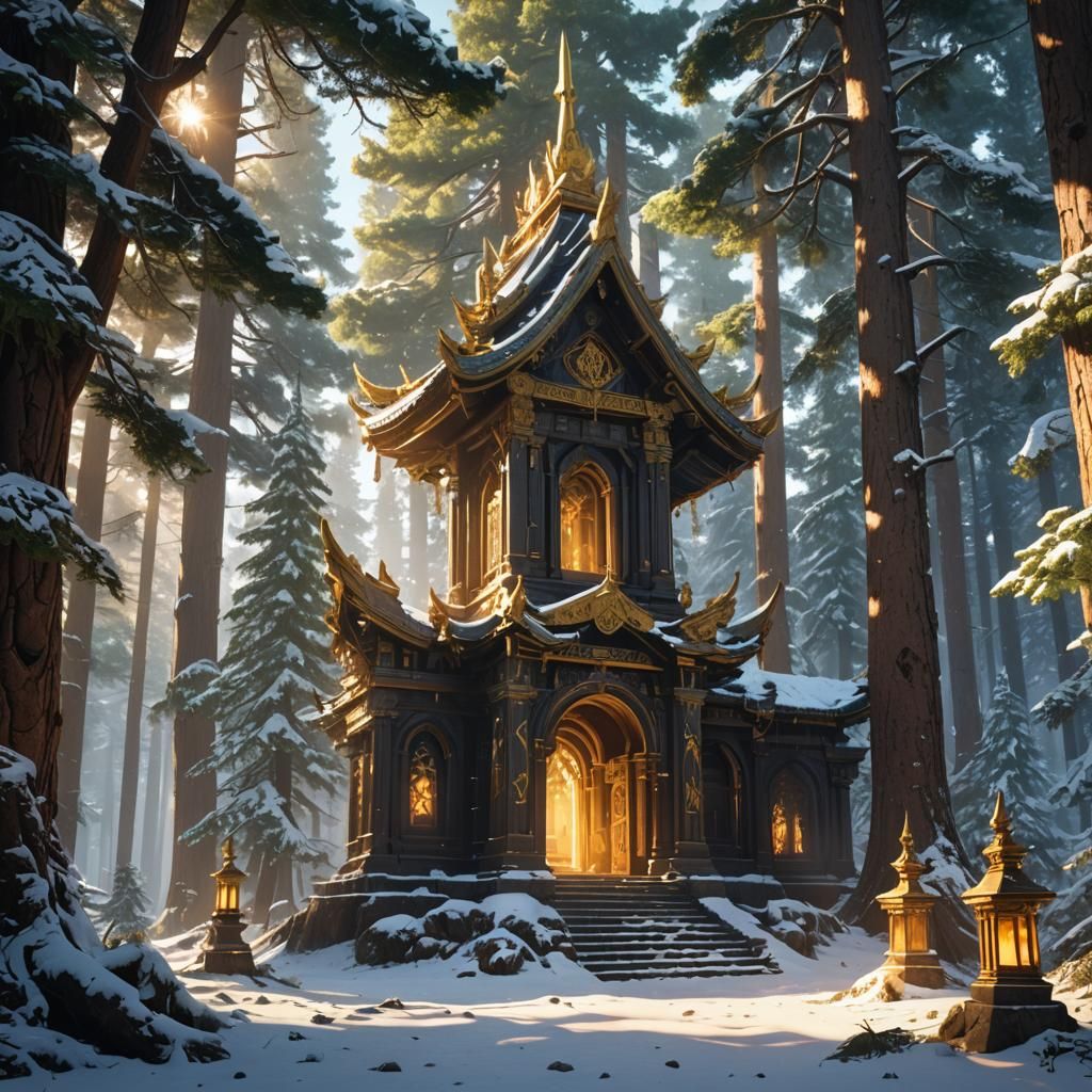 High fantasy epic legendary  forgotten shrine in the middle of the pine forest, scenic winter background,  sunshine piercing the trees, high...
