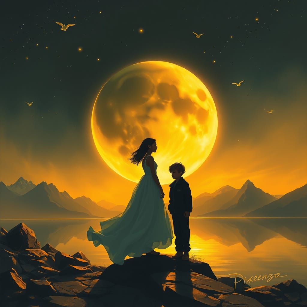 Dreamy Young Lovers Under Golden Crescent Moon