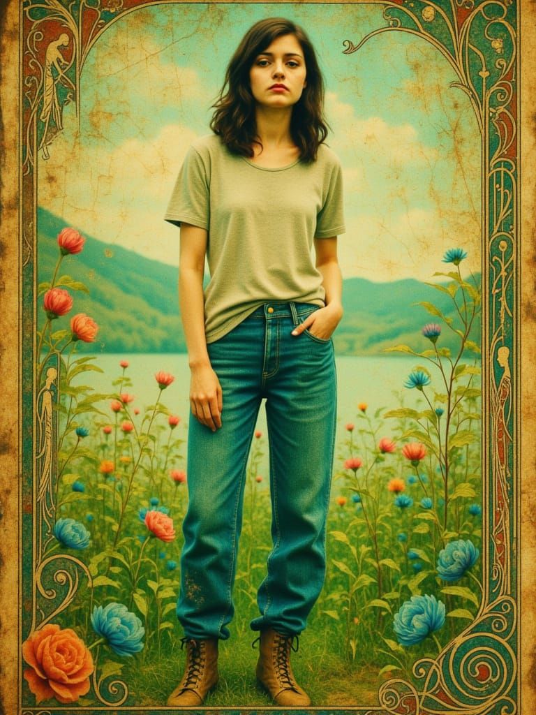 <lora:Auratum Genesis:1.0> A regal lady with large, expressive blue eyes, wearing a modest baggy t-shirt, baggy jeans, and ankle-boots, stan...