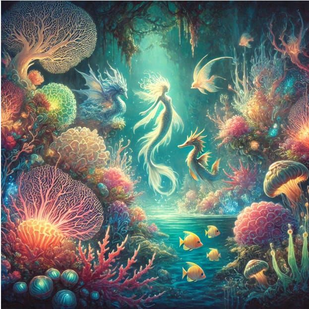 An enchanted underwater garden with glowing corals and mysti...