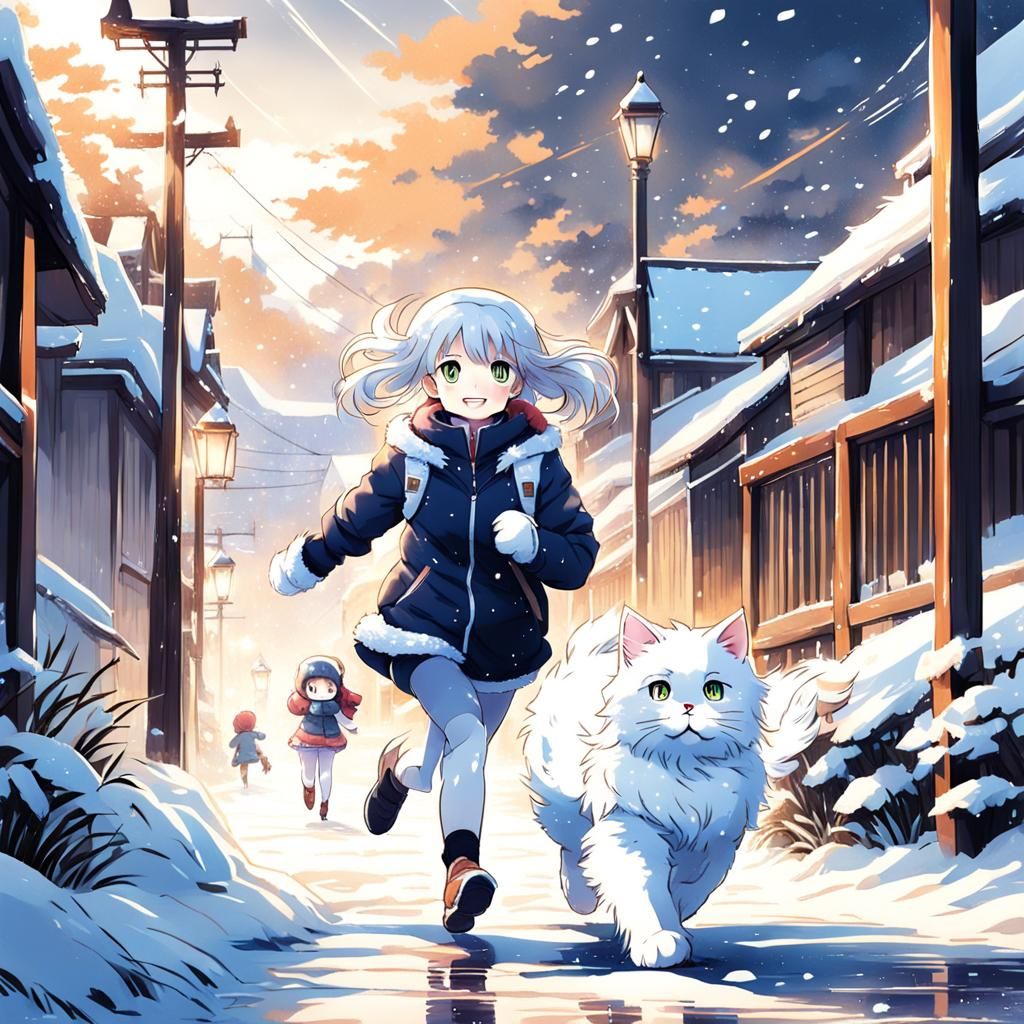 Girl and Cat in Snowy Anime Style