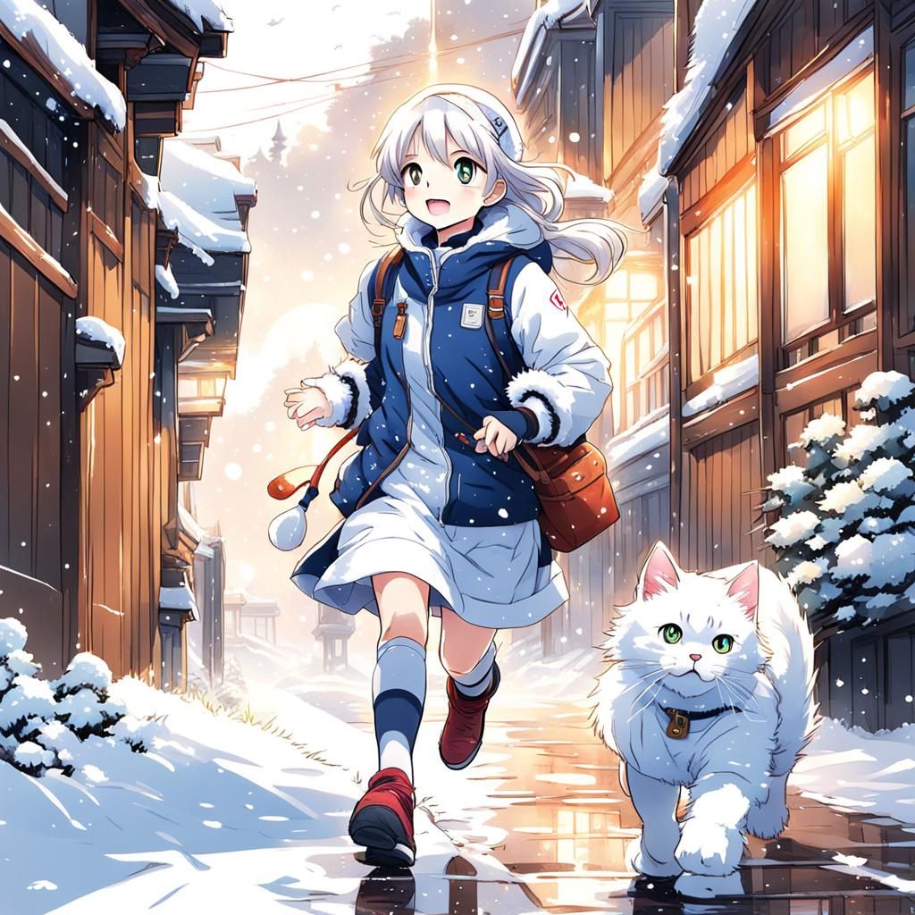 Girl and Cat Enjoying Winter Snow, Anime Style