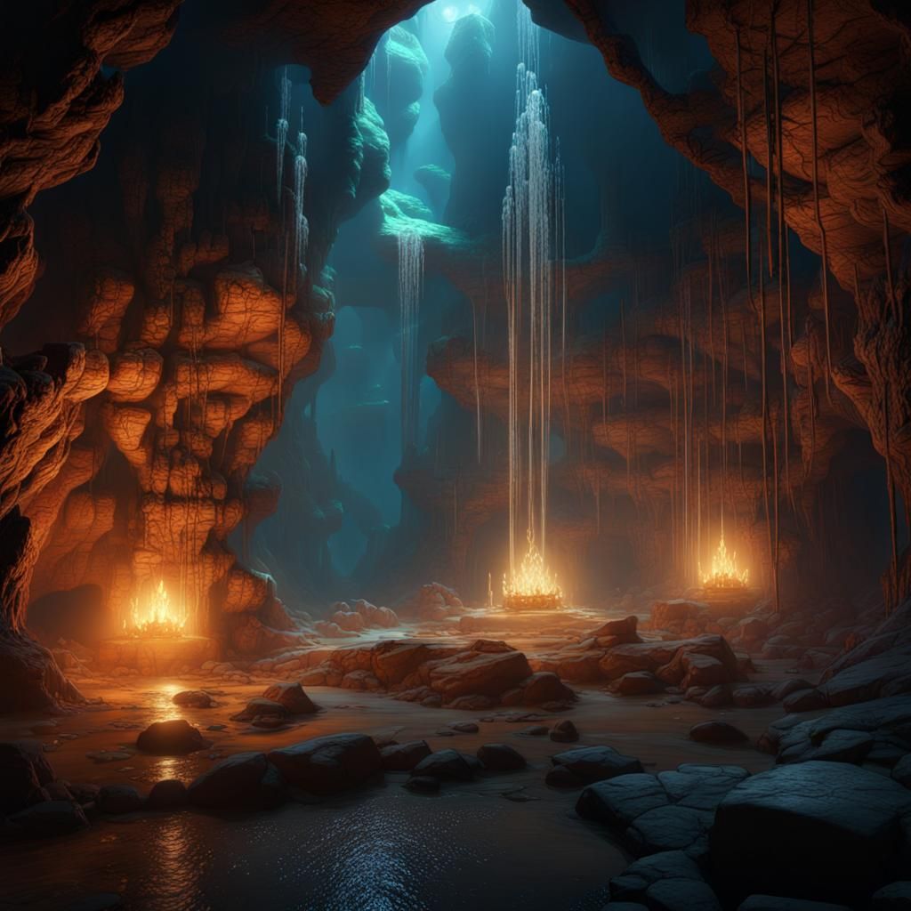 Underground cavern lit by shafts of light  by @Hoshi