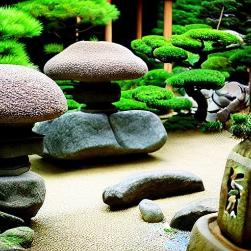 a traditionnal zen japanese garden, with cats wandering arou...