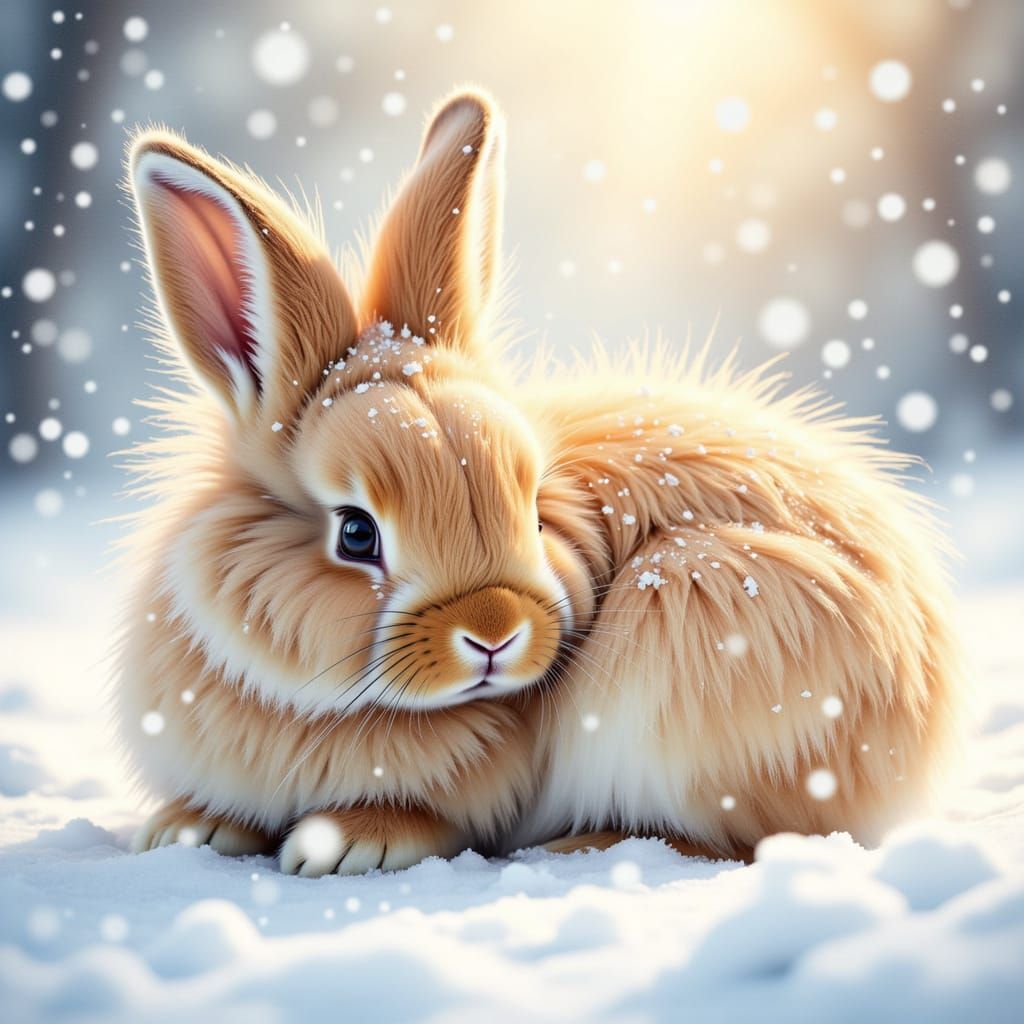 <lora:Cute Rabbits:1.0> ethereal watercolor. Medium shot. A cute baby rabbit with long fur cuddles in the snow. Many snow sprays fly in the...