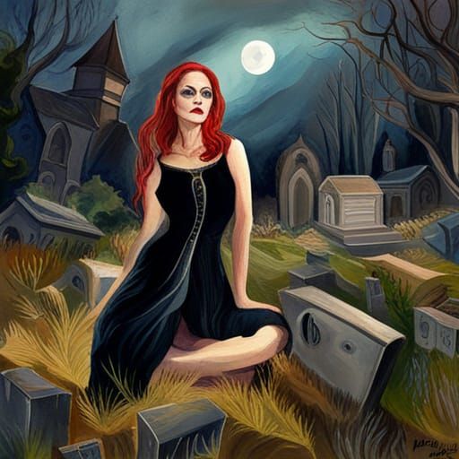 Vampira in a graveyard in watercolor art