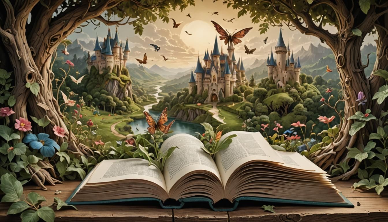 an open book sitting on a wooden table, beautiful rendering ...