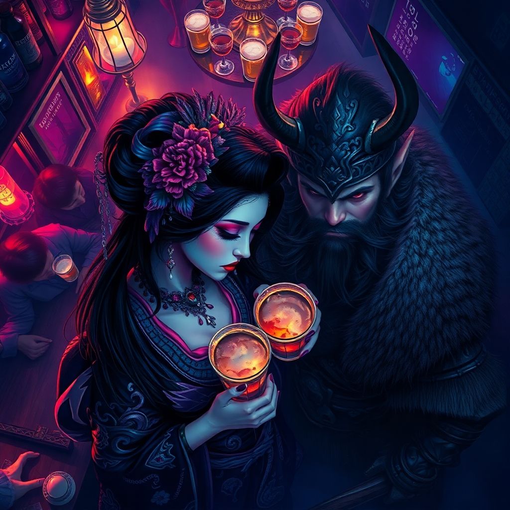 Geisha and Viking at Bar