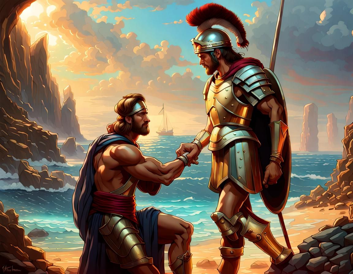 The Odyssey. Ulysses shakes hand with Achilles