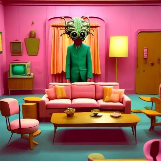 <lora:Pink Room SD15:1.0> 
Strange bug-like creature standing behind a couch in a pink vintage living room.