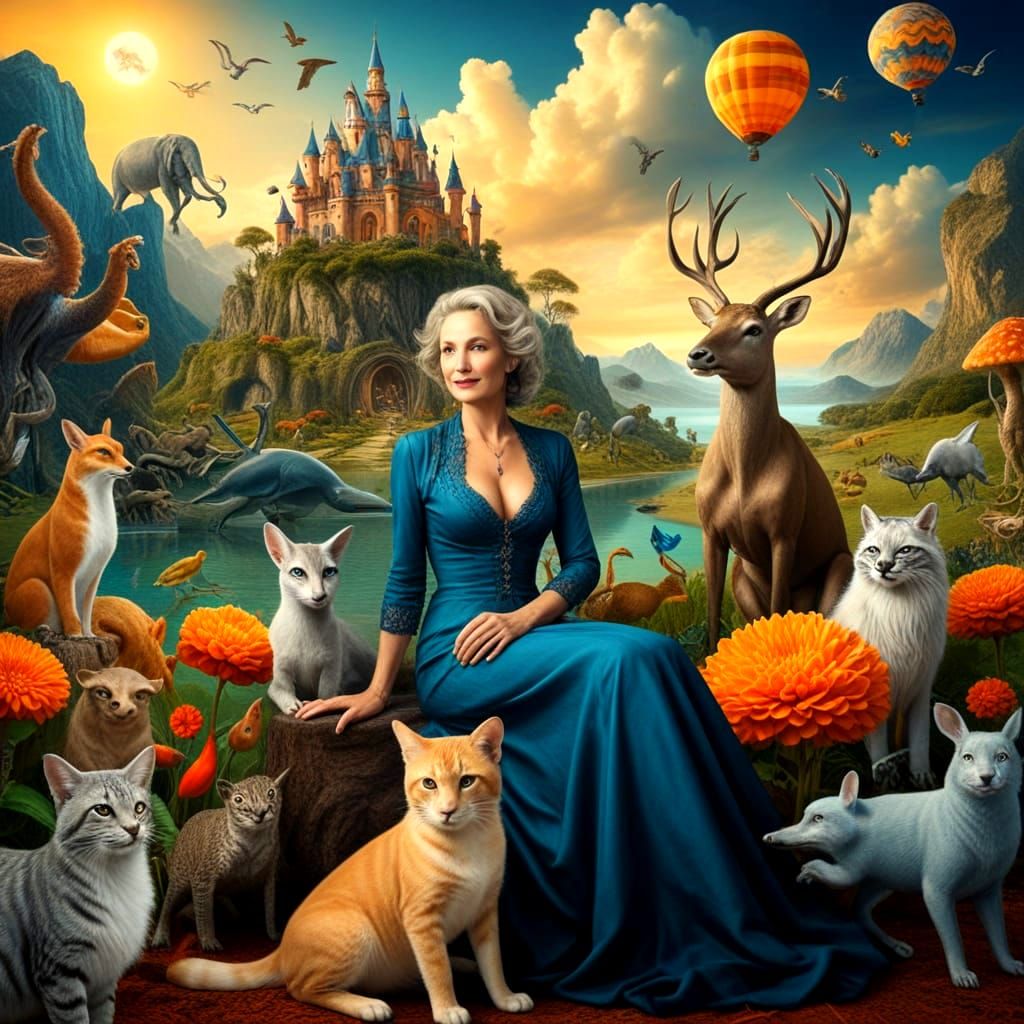 Surrealistic Lady Surrounded by Fantastical Creatures in Vib...