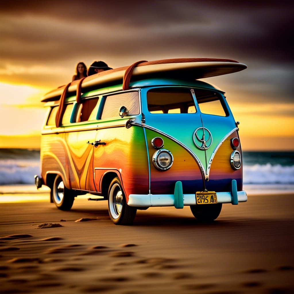 2 beautiful girl surfers with surfboards next to a woodie surf wagon at ...