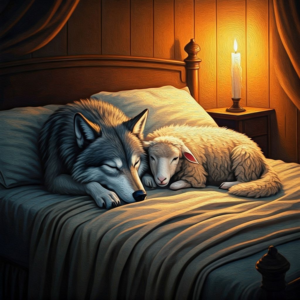 Wolf and Sheep Sleeping Peacefully in Cozy Bedroom