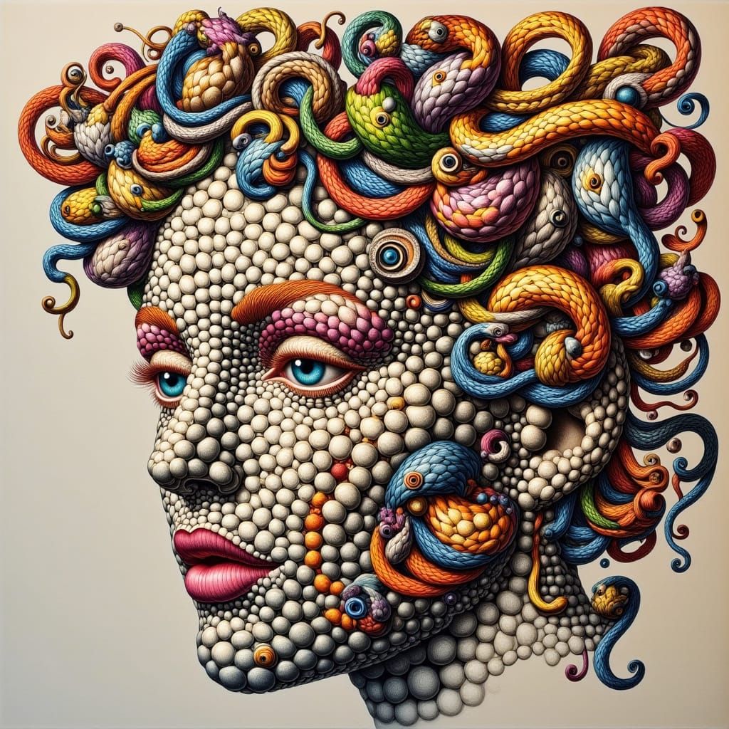 <lora:noddle:1.0> a face composed of a serpentine and sequins. A bright hyperrealistic drawing in the mannerist style. Anamorphosis, têtes c...
