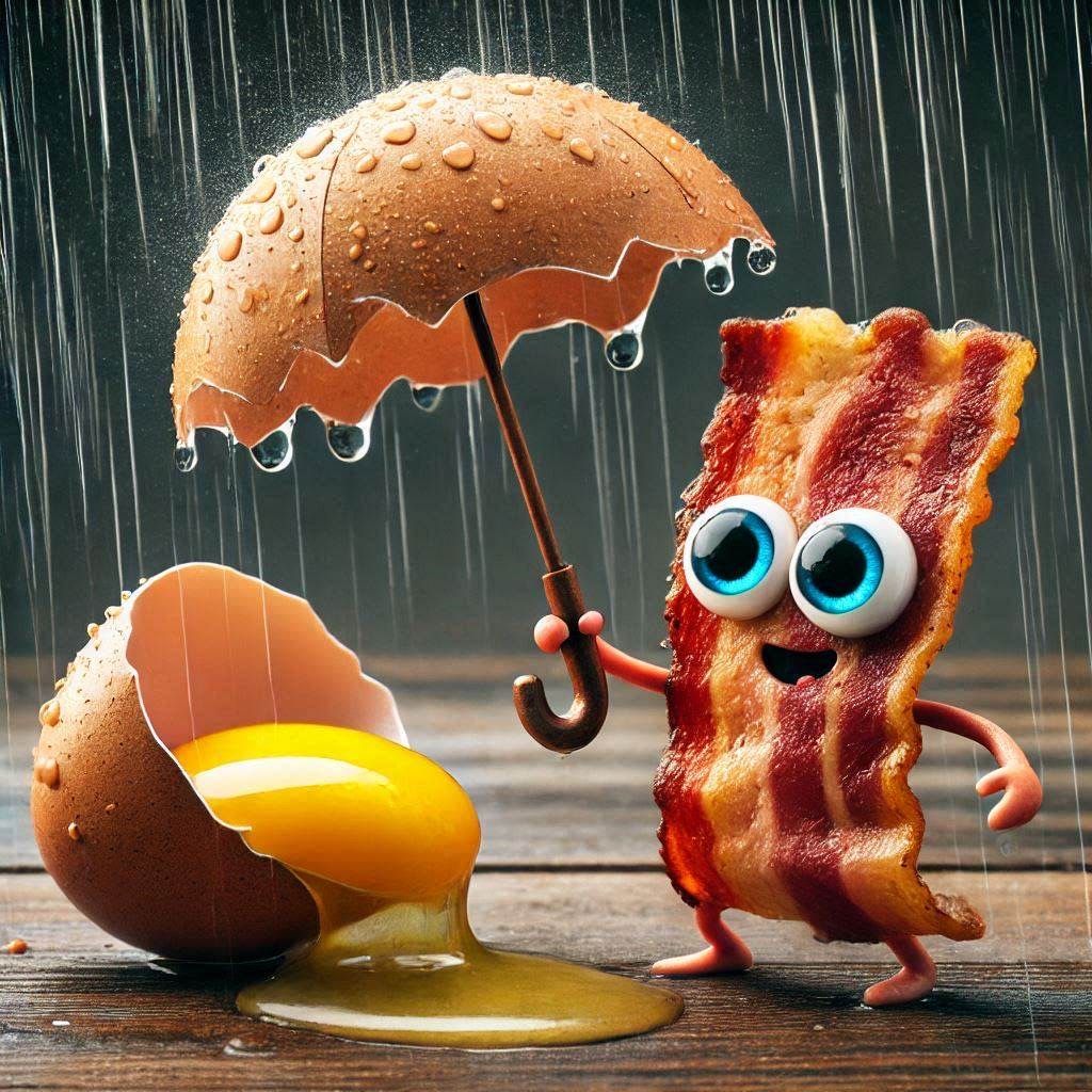 Bacon Taken Egg into a Makeshift Eggshell Umbrella