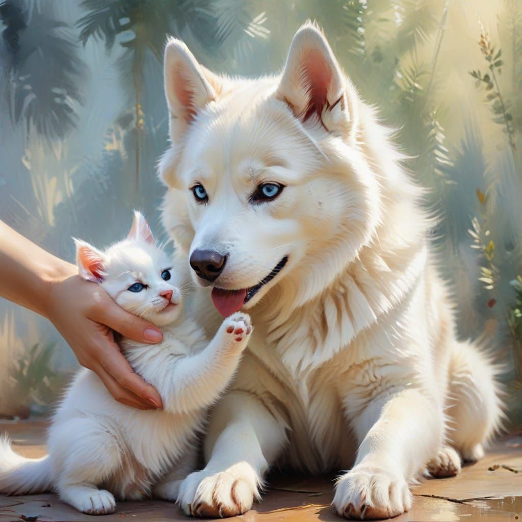 Siberian Husky Cuddles Tiny Kitten in Digital Oil Paint