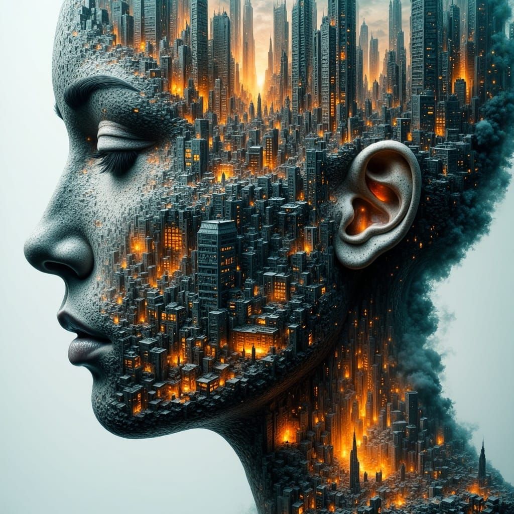 Surreal Abstract Urban Hellscape in Double Exposure