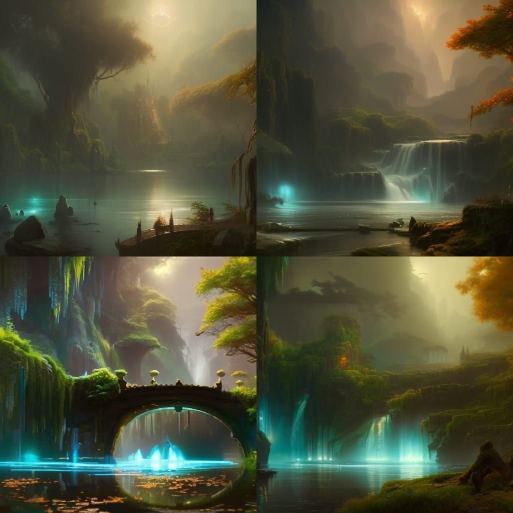 Hidden lagoon with a waterfall and with weeping willow trees