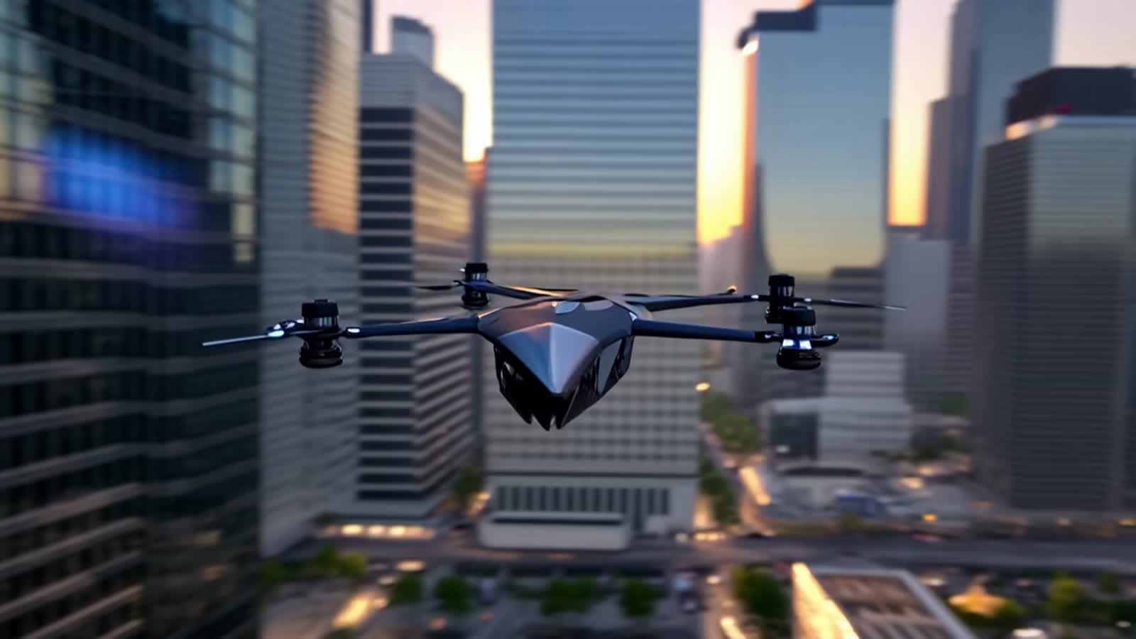 A 3D animated drone smoothly hovers above a bustling city, camera starting with a dramatic FPV drone shot, flying betwee...