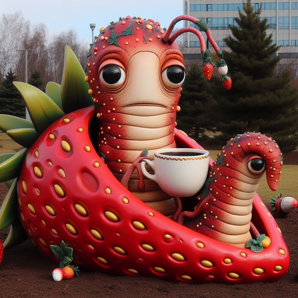 Worm with coffee in a strawberry