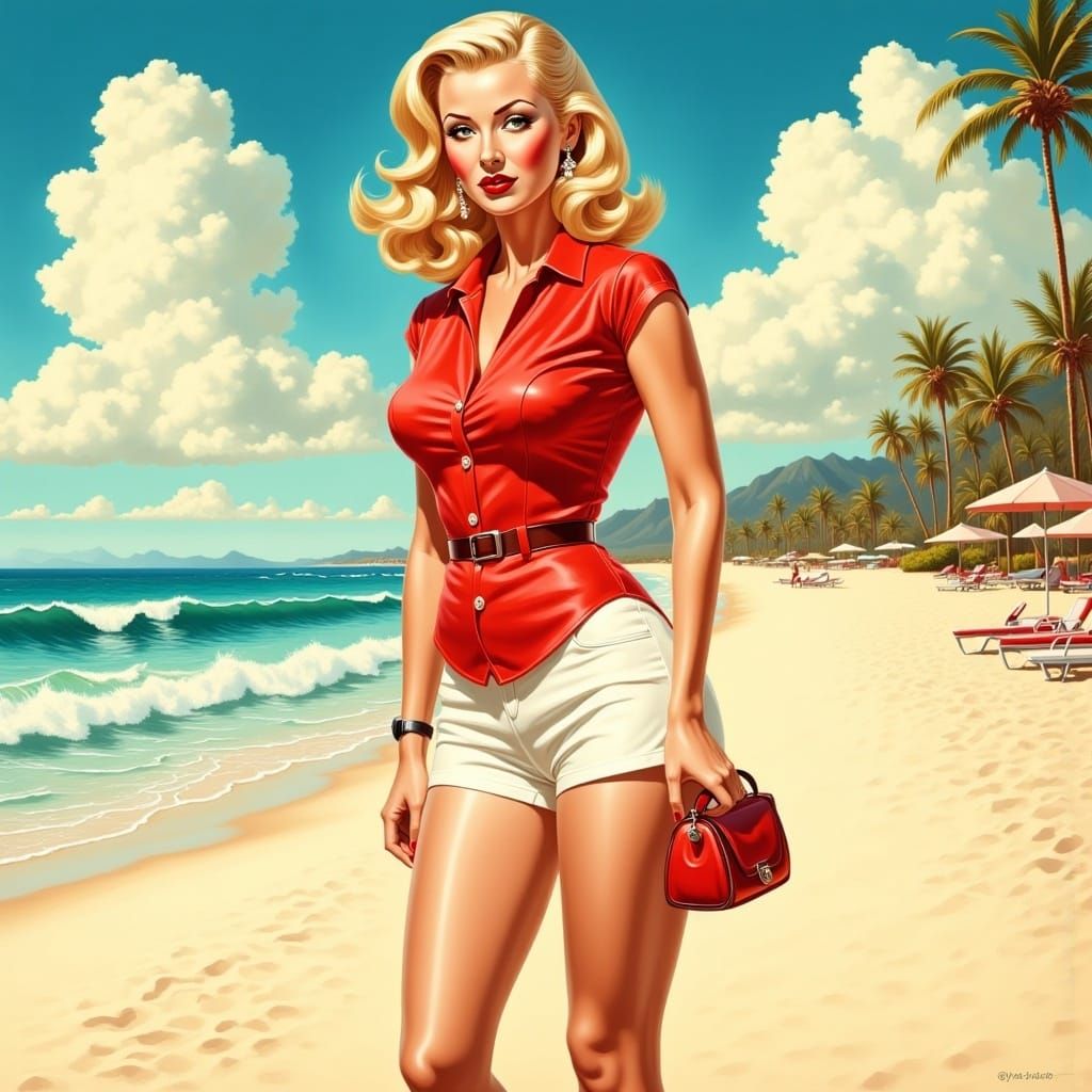 Beautiful blonde woman wearing shorts and a red shirt at the beach, <lora:Retro Rockabilly:1.0> vintage 50s illustration art