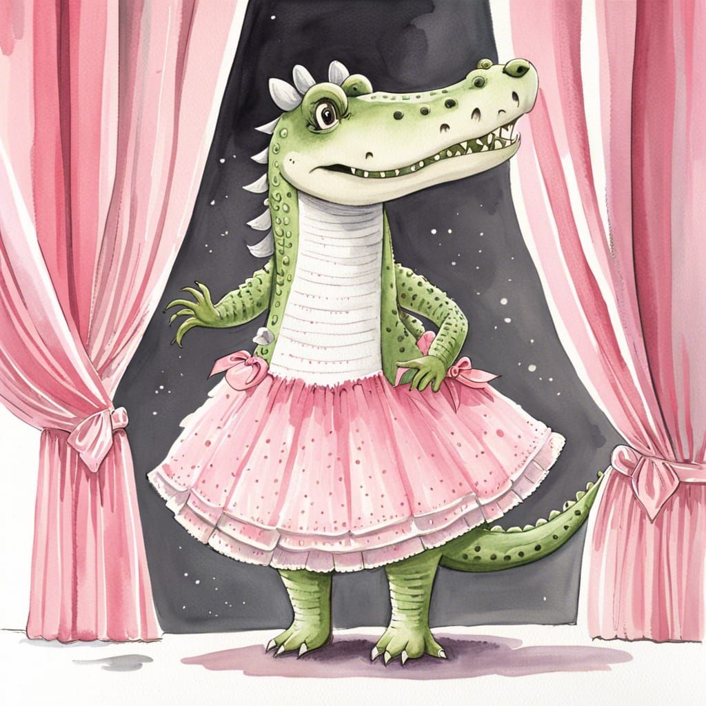 a cute anthropomorphic crocodile wearing a pink ballet dress...