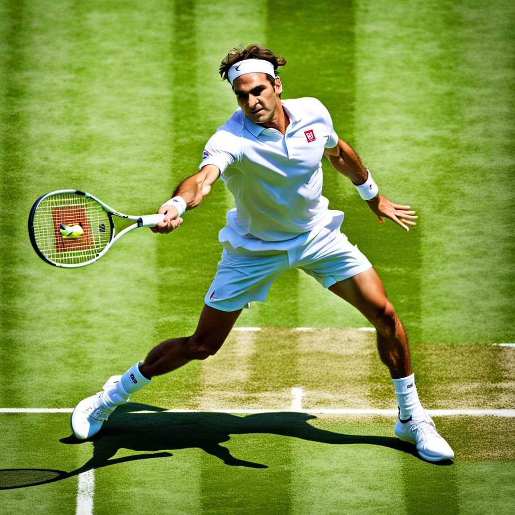 ((Tennis Player Roger Federer in high voltage action in Wimb...