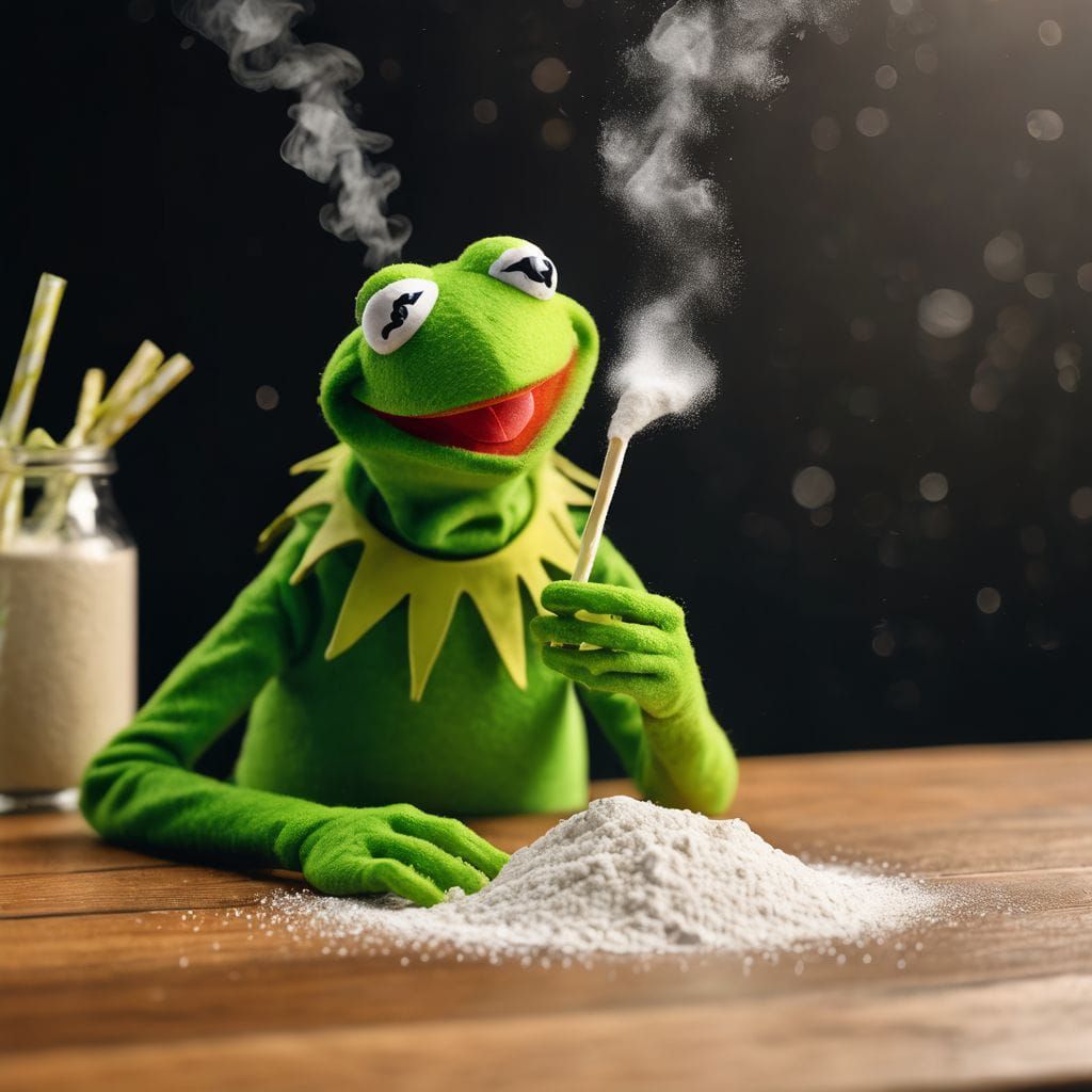 Kermit having fun with white powder