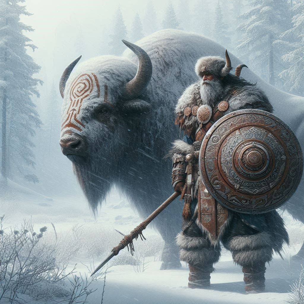 A warrior beside a massive bison