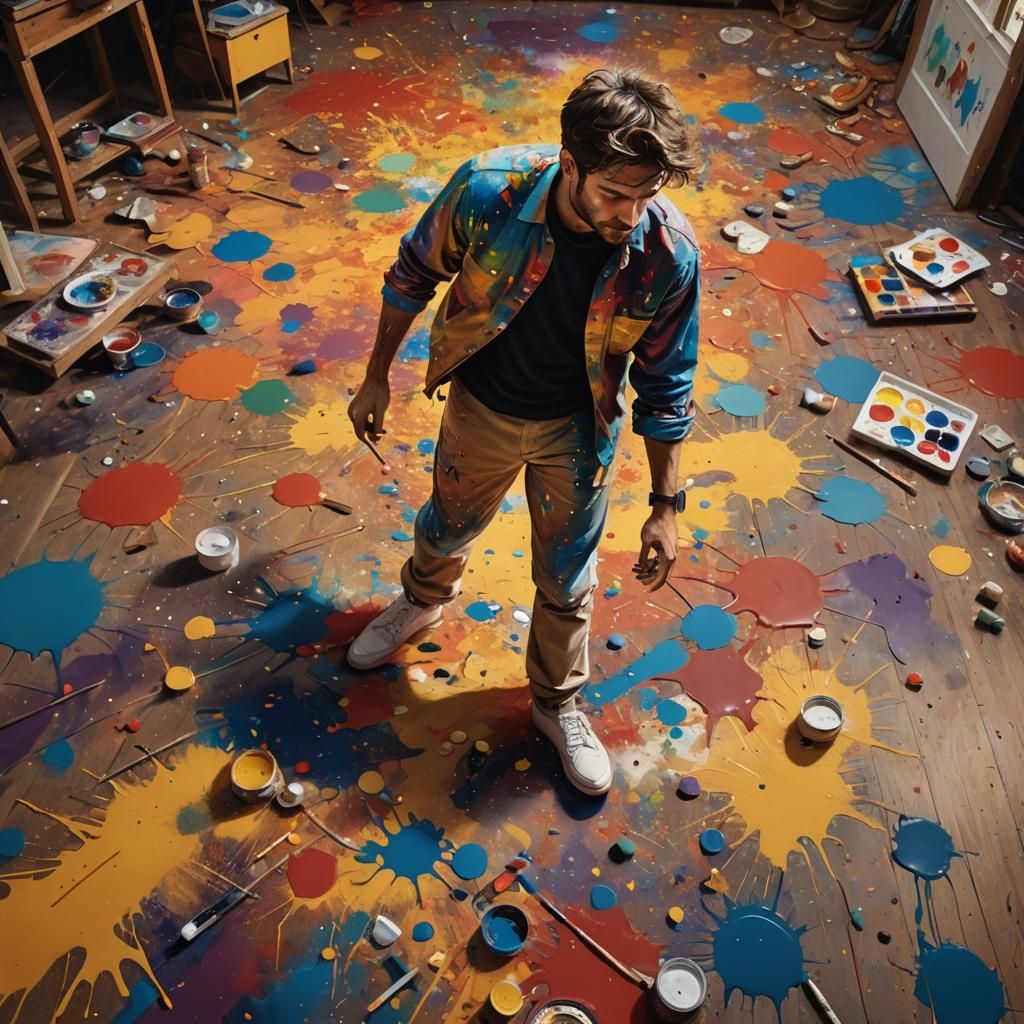 Playful Painter's Vibrant Oil Painting in Triadic Colors