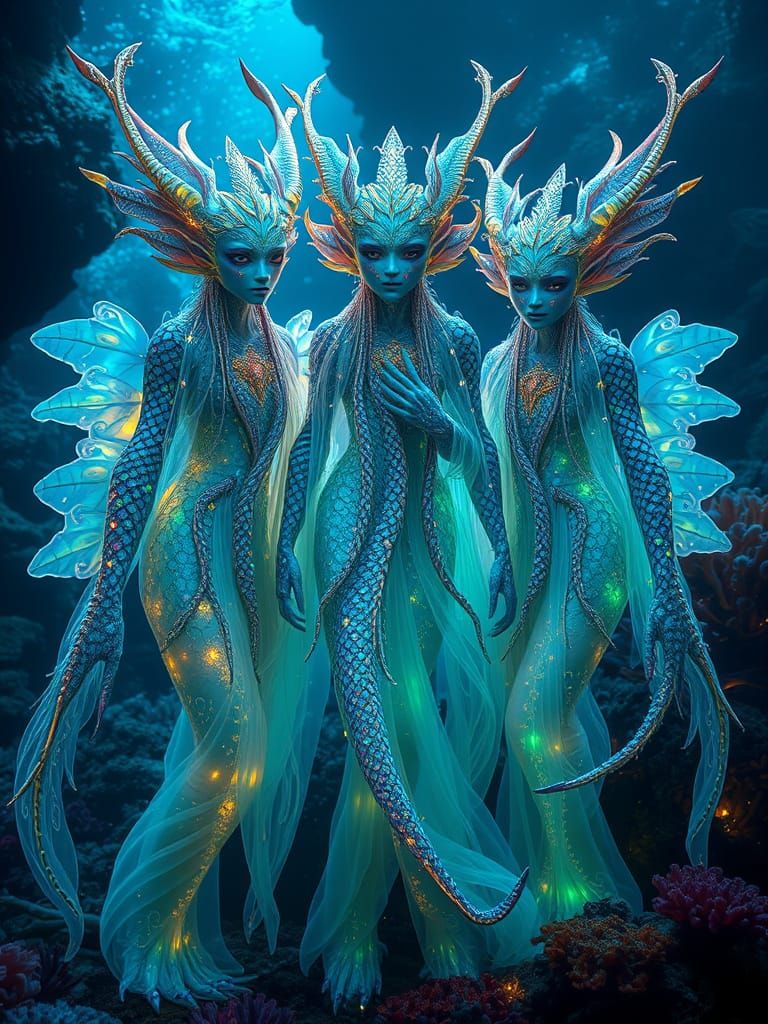 Photo realistic image of three mystical sea creatures with human-like forms. adorned with vibrant, iridescent ...  by @Pamma