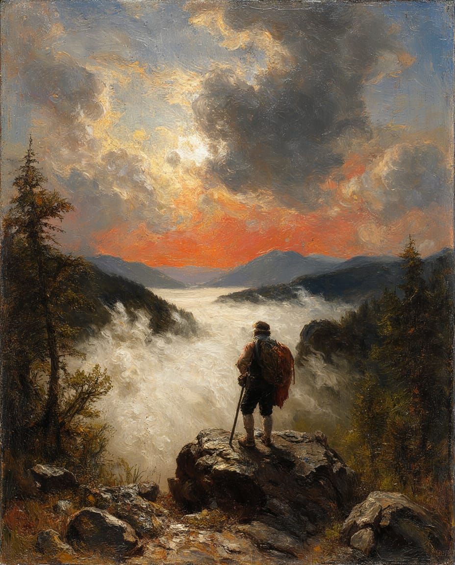 Wanderer above the sea of fog in bohemian landscape