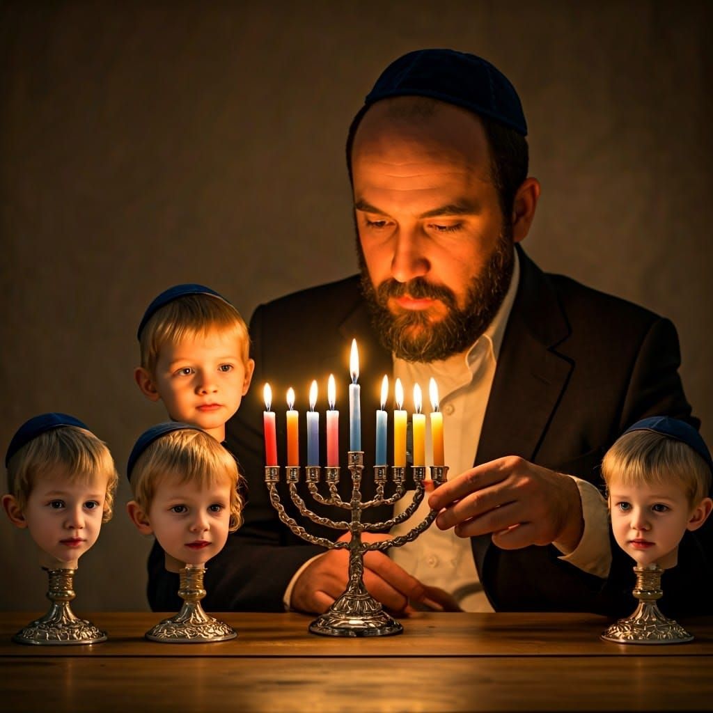 Warm Hanukkah Family Scene in Traditional Lithuanian Jewish...