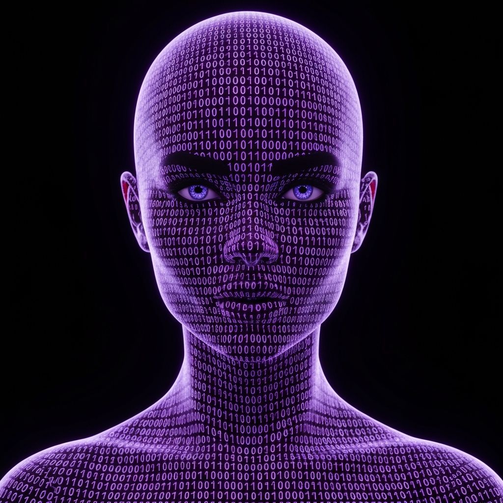 Digital art portrait of gorgeous young bald woman totally made of repeating strings of binary code