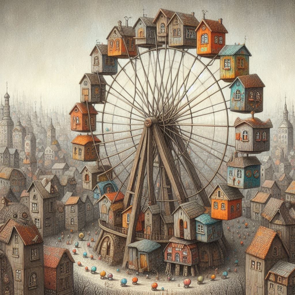 old rustic ferris wheel in a city