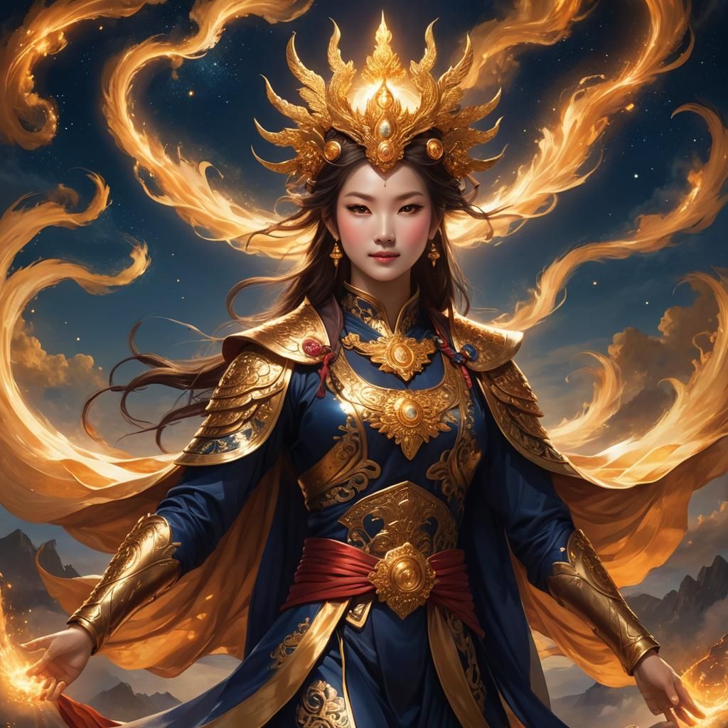 Radiant humanoid copper brown, majestic presence, luminous f...