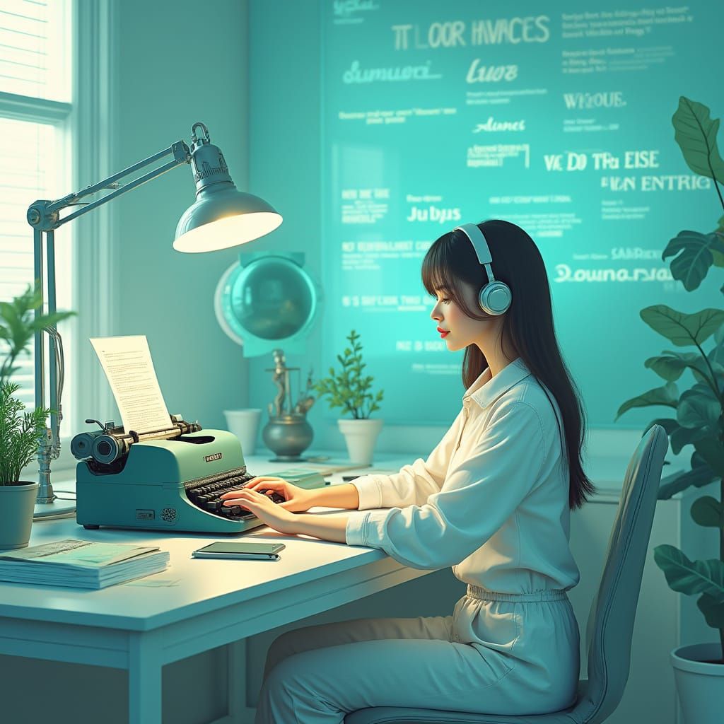 Serene Workspace with Vintage Typewriter and Holographic Dis...