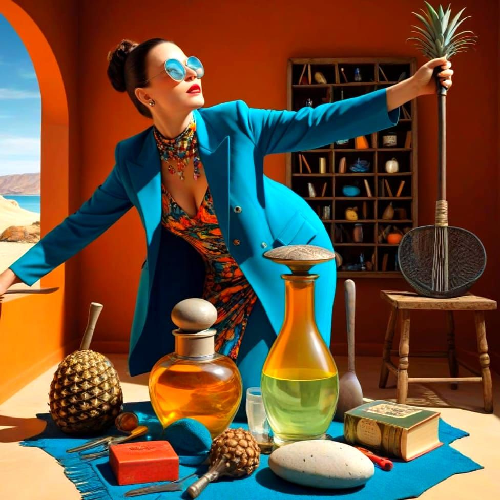 Eccentric Lady in Whimsical Surrealistic Landscape