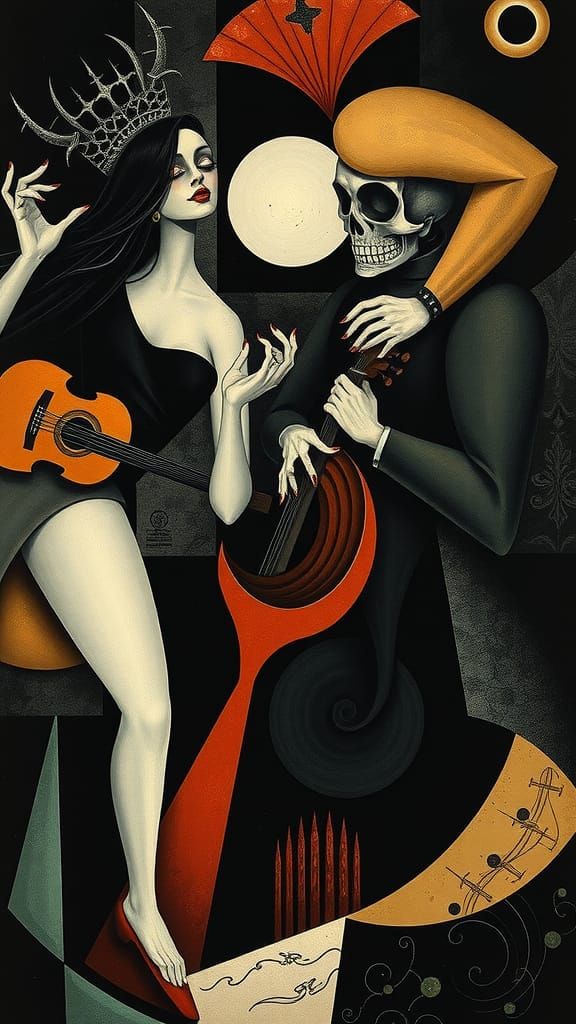 Dissociative Indenty Disorder  multiplicity  of selves expressed as the  Dance Macabre Musical gothic Cubism in the style of Pablo Picasso a...