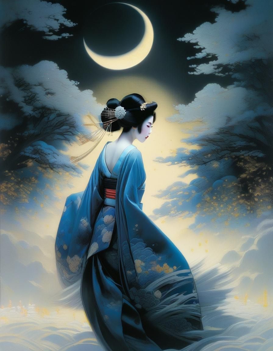 Geisha in Moonlight: Japanese Ink Art