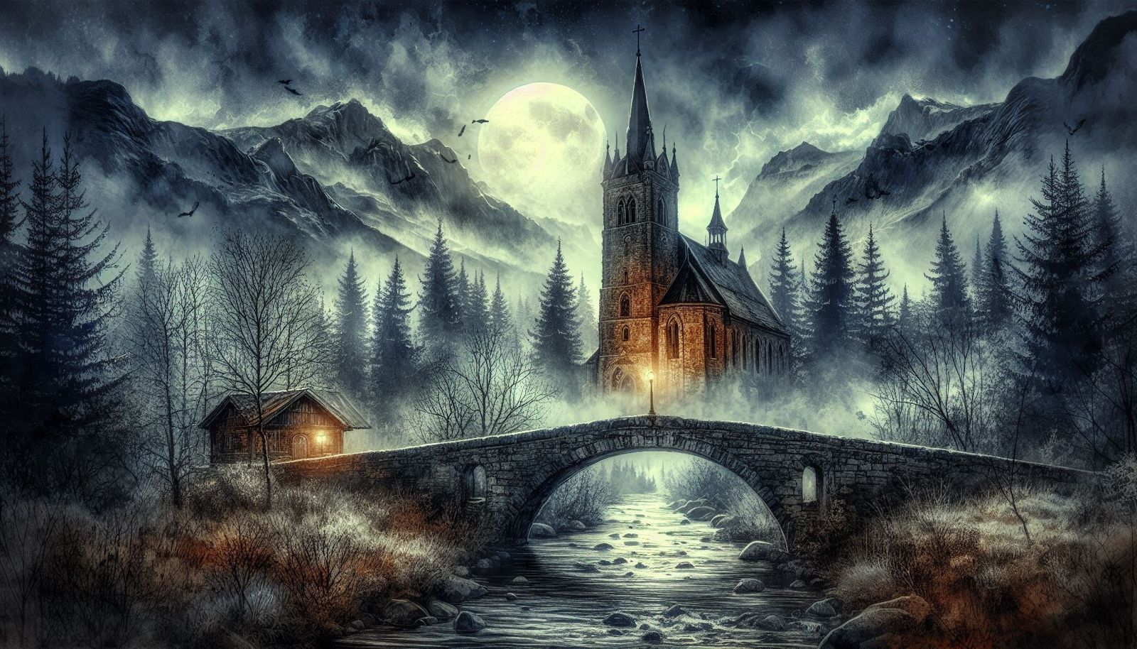 Mystic church at the bridge in an eerie night
